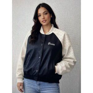 Guess Azira PU Bomber Jacket Black & Cream XL With Tags